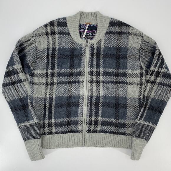 Free People Plaid Cardigan Sweater Jacket Sz L Wool Alpaca Gray - Picture 10 of 10